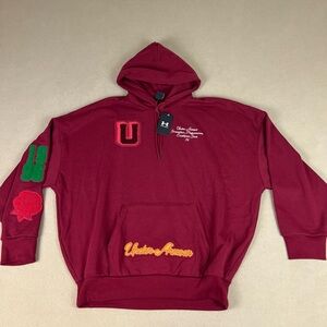 Under Armour Patch Hoodie Sweatshirt Red Icon Heavyweight Terry Armour U. Sz XL